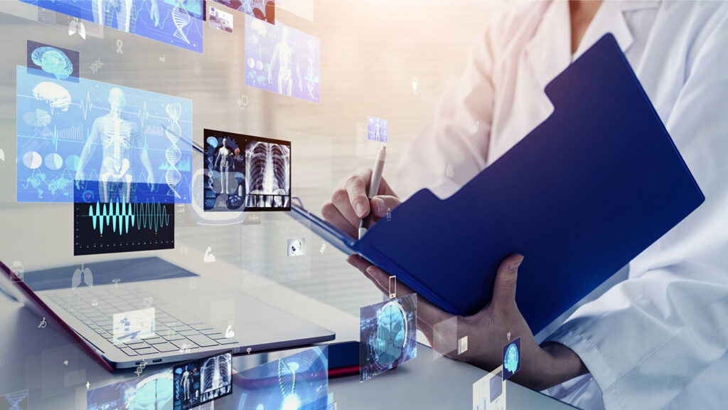 A doctor holds medical record a folder in a lab